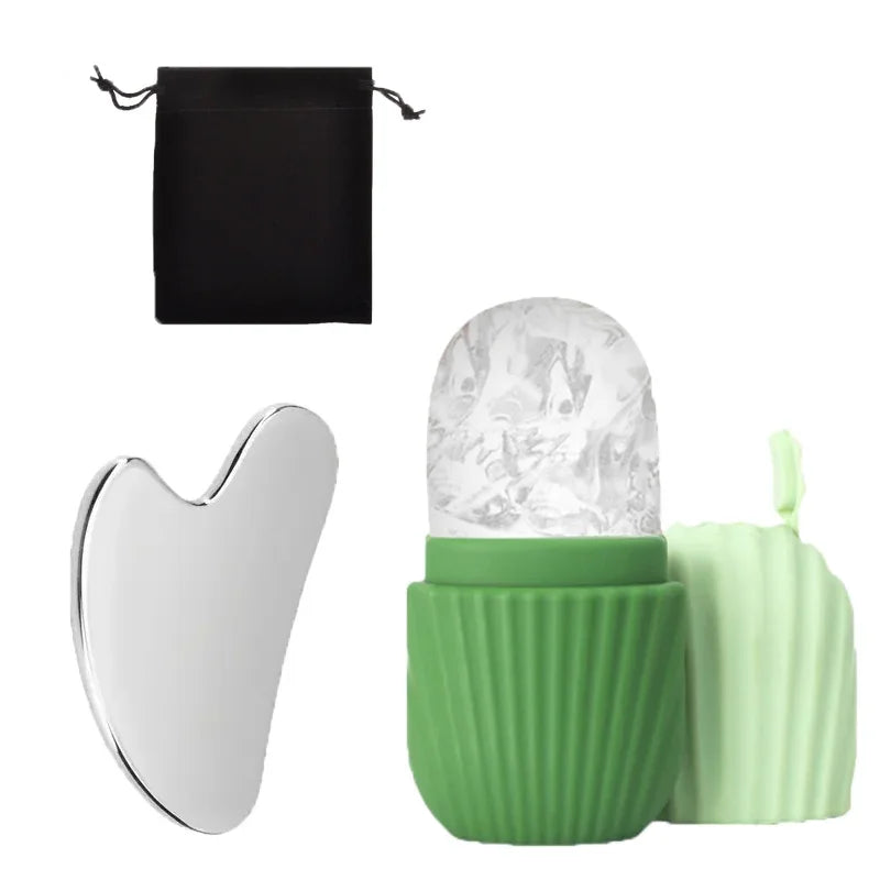 Gua Sha tool, ice roller and green containers with a black drawstring bag on a white background