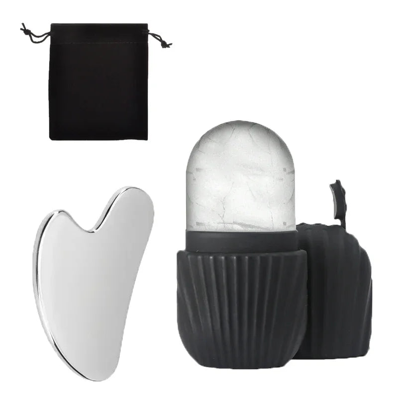 Gua Sha tool with black carrying case and black pouch on white background