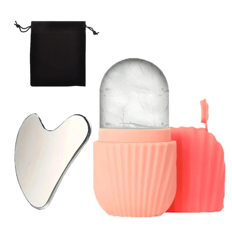 Gua Sha tool with pink case and black pouch on a white background