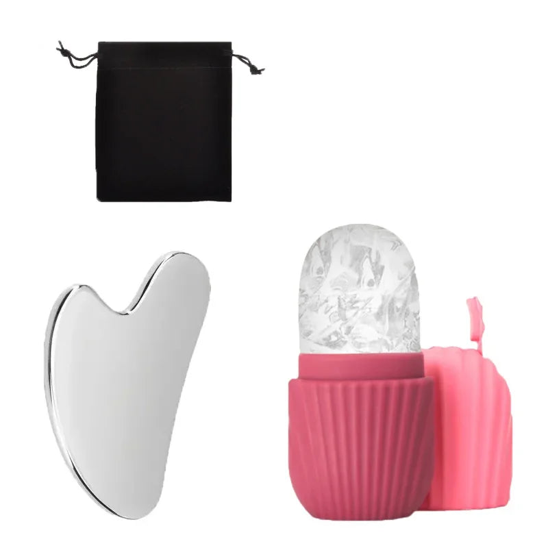 Gua Sha tool, ice roller, and pink case on a white background