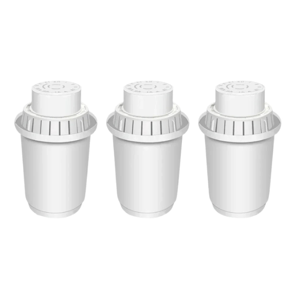 Three white water filter cartridges on a white background