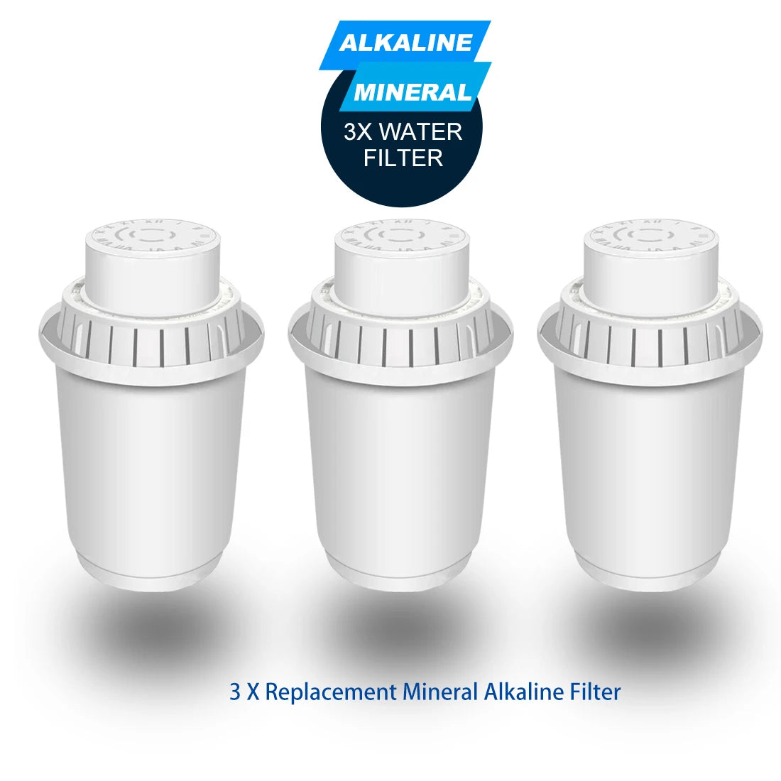 Three replacement mineral alkaline water filters on a white background with 'Alkaline Mineral' branding.