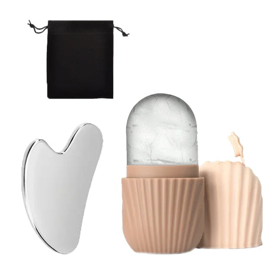 Gua Sha tool, ice roller and pink container with black pouch on a white background