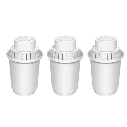 Three white water filter cartridges on a white background