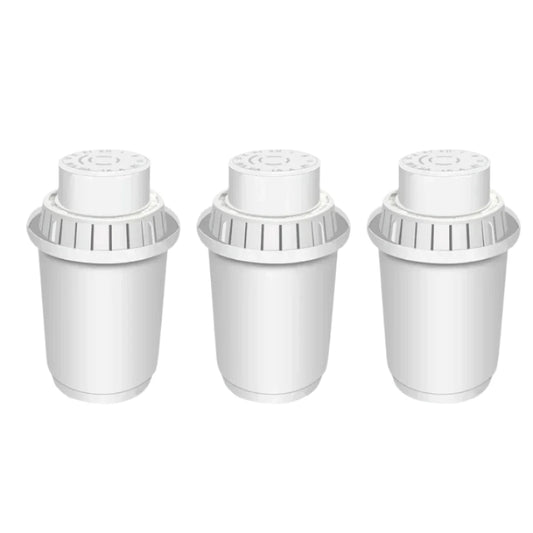 Three white water filter cartridges on a white background